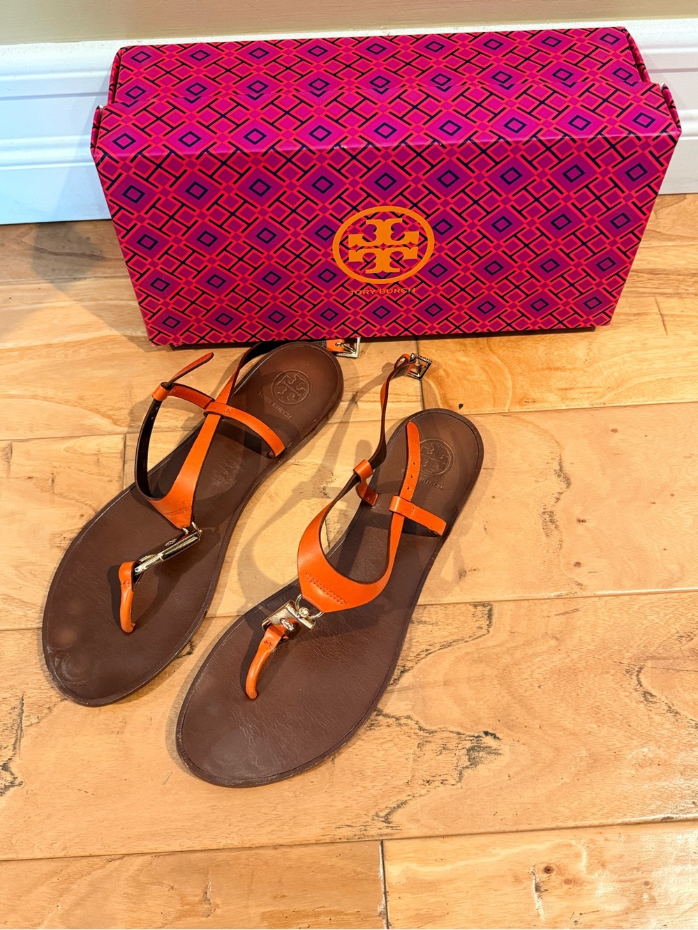 Tory Burch Orange and Brown Leather T-Strap Sandals